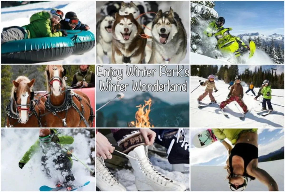 This vibrant exterior scene showcases a bustling array of winter activities, including people tubing down snowy hills, huskies ready for dog sledding, snowmobiles, a horse-drawn sleigh, a campfire gathering, skiers, skaters, and snowboarders. The landscape is blanketed in snow, with participants of all ages enjoying the action.