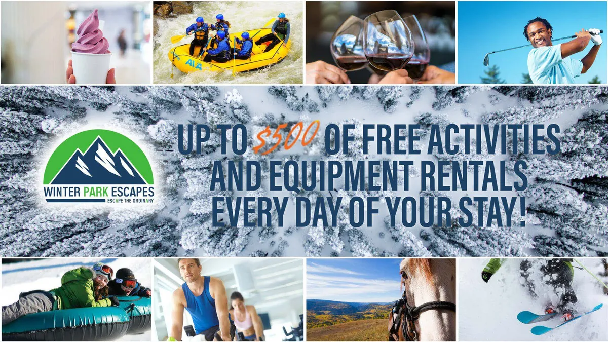This vibrant view image captures people enjoying a variety of outdoor activities including rafting, skiing, horseback riding, and food tasting, all set against breathtaking mountain landscapes. The scene is dynamic and energetic, reflecting the diversity of seasonal adventures available in Winter Park.