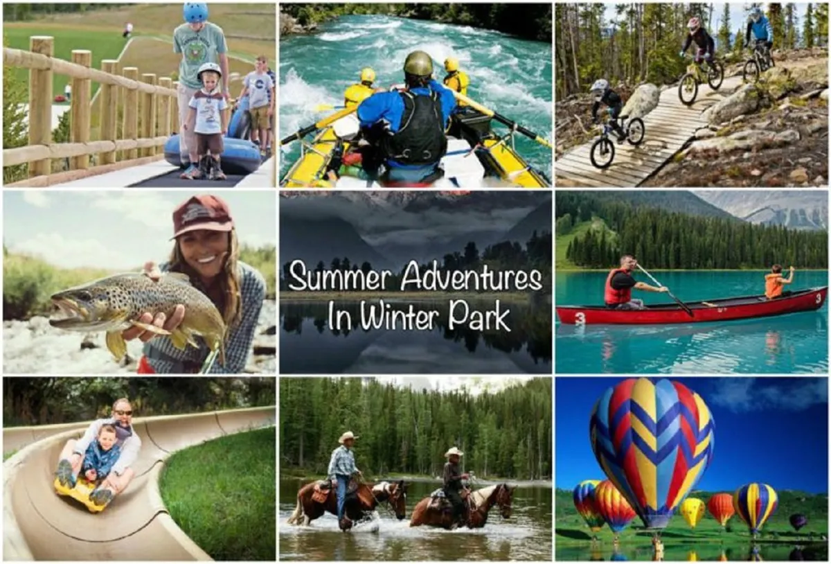 A lively outdoor scene featuring families and groups engaged in various summer adventures: rafting on a river, biking along scenic trails, fishing, kayaking, children playing on a water slide, horseback riding, and hot air balloons rising in the background. The landscape is lush and sunny, highlighting the allure of summer exploration.