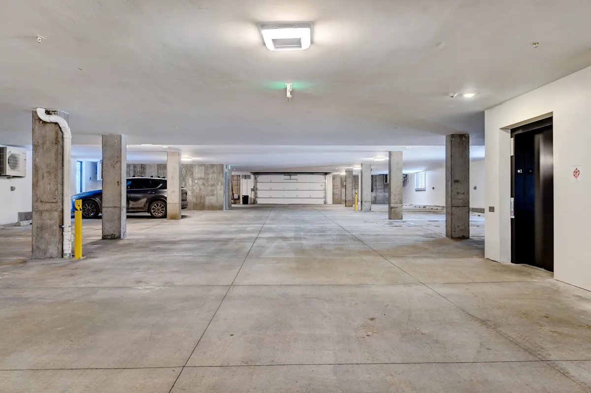 The image displays a clean parking area with clear parking spaces, elevator entrance, and vehicles. The scene is utilitarian and communal, emphasizing entry and shared facilities, with no signs of animal presence.